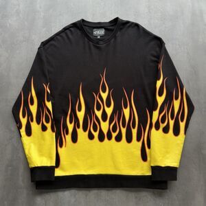 RUDE Flame Graphic Crewneck Long Sleeve Black Yellow Men’s Large Streetwear